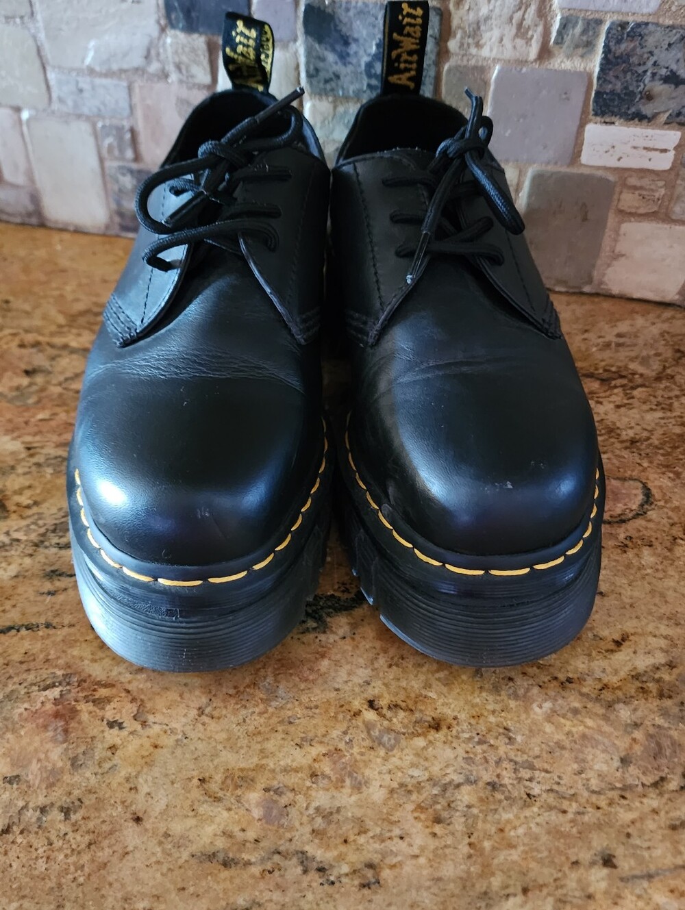Dr. Martens Black Leather Platform 3-Eye Derby with Yellow Stitching